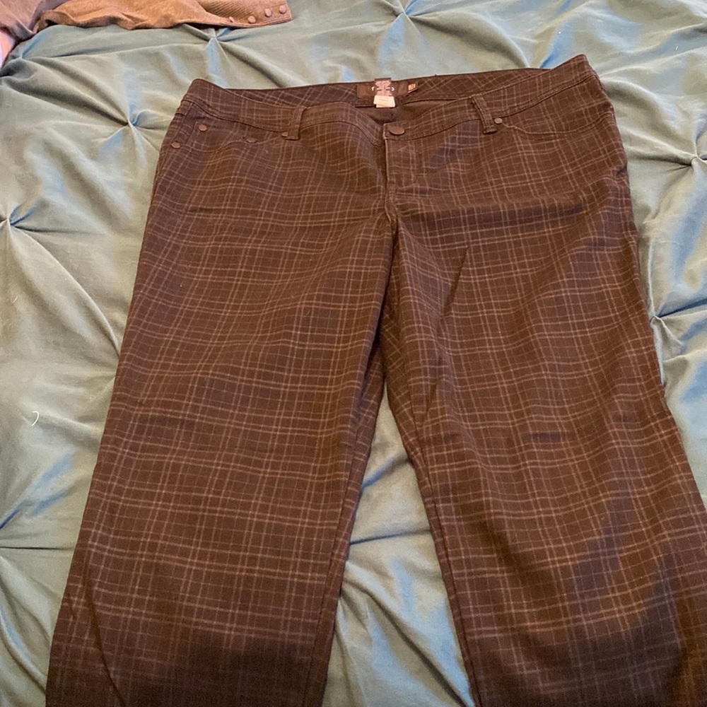 Black and gray plaid jeans. Regular length skinny leg.